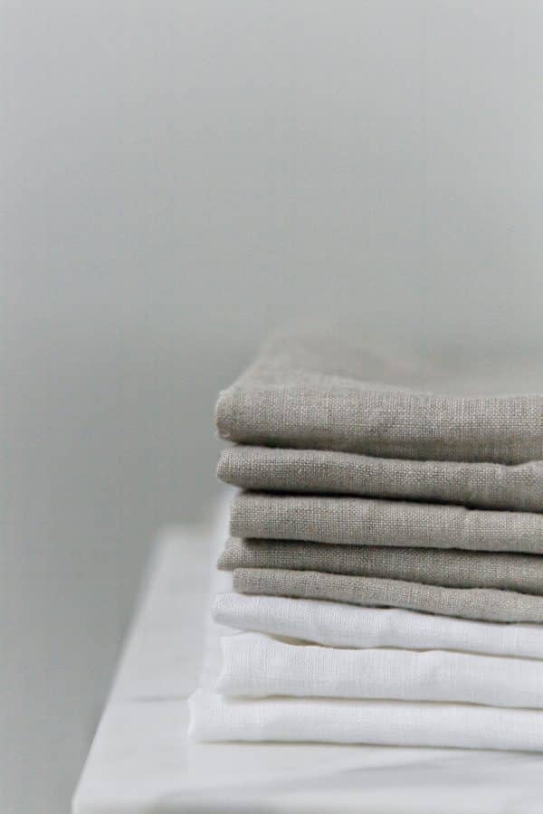 100% Linen Tea Towels stacked in the Bright White and Stone color